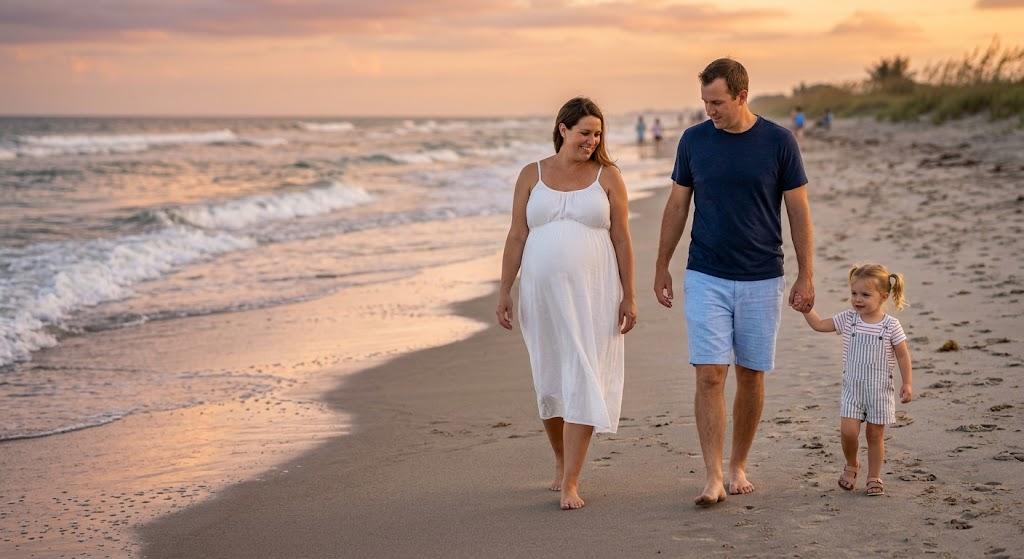 A young family — an expectant mom, dad, and their little girl — walking along the beach at sunset