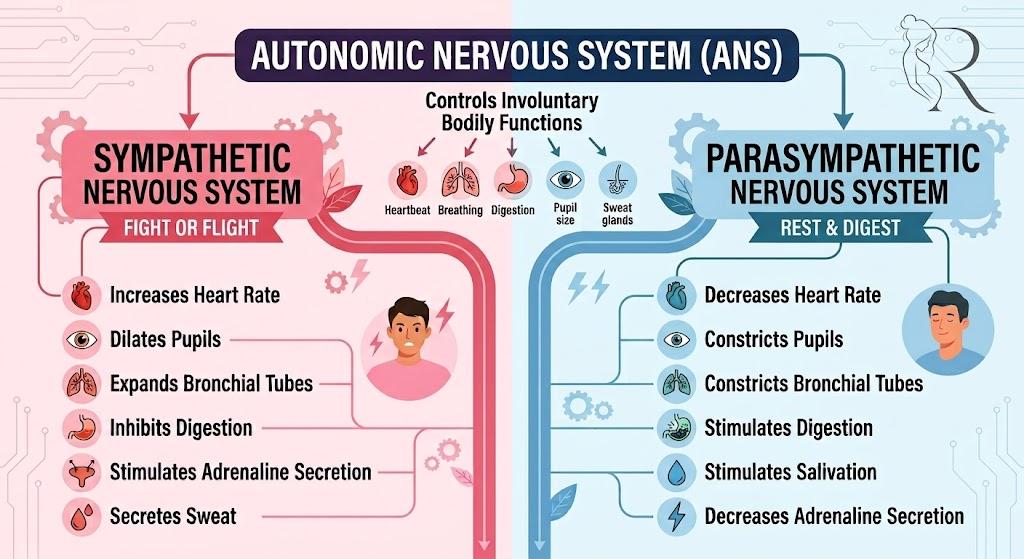 Diagram of the autonomic nervous system: the sympathetic branch (fight or flight) increases heart rate, dilates pupils, expands bronchial tubes, inhibits digestion, stimulates adrenaline, and secretes sweat; the parasympathetic branch (rest and digest) decreases heart rate, constricts pupils and bronchial tubes, stimulates digestion and salivation, and decreases adrenaline.