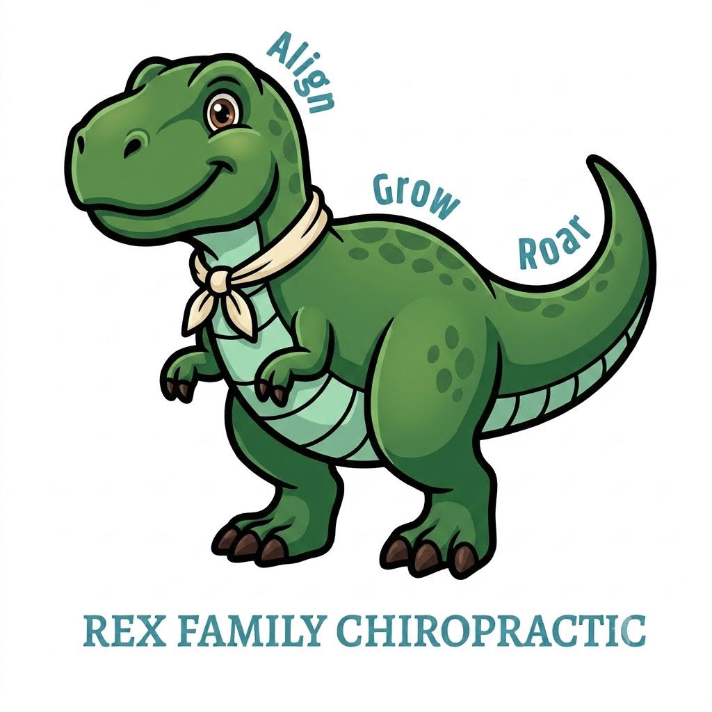 Rex, the friendly dinosaur mascot of Rex Family Chiropractic