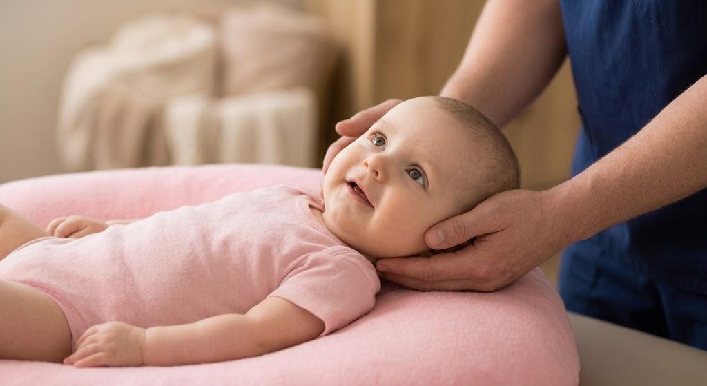 A baby lying comfortably while receiving a gentle, light-touch check